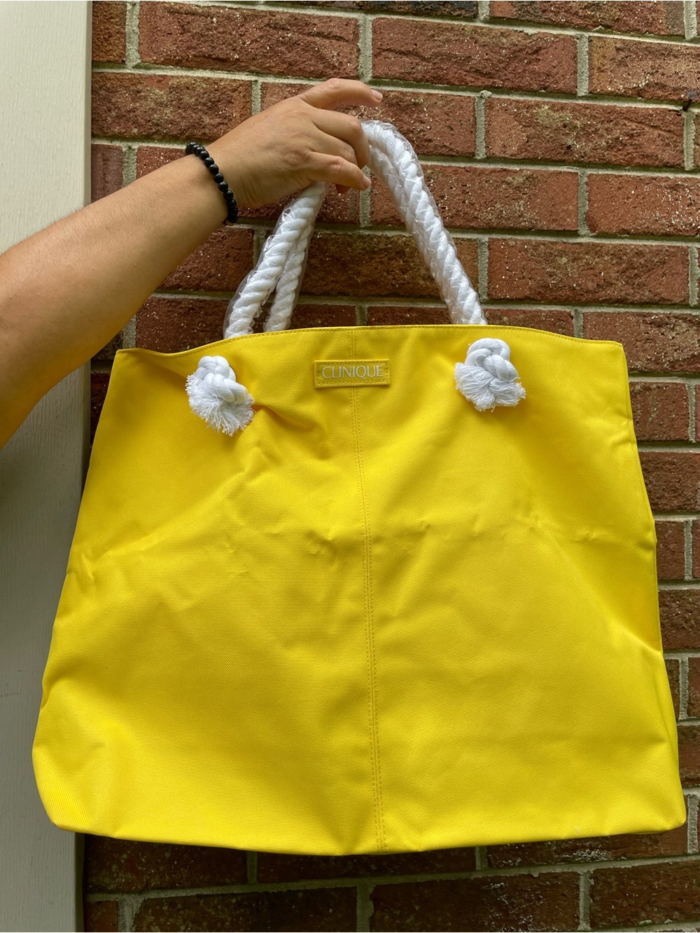 Clinique Bright Yellow Canvas Tote with White Rope Handles
